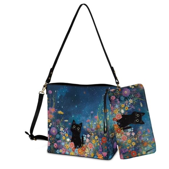ZUXONGSY Black Cat Floral Galaxy Print Multifunctional Top-Handle Handbags with Purse for Women, Multipurpose Crossbody Hobo Bag with Wallet Set for Shopping Working