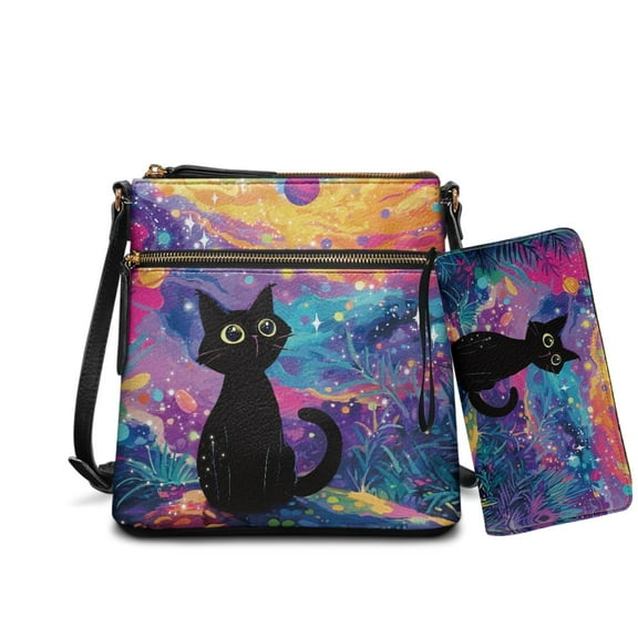 ZUXONGSY Black Cat Galaxy Print Women's PU Leather Crossbody Hobo Bag & Matching Wallet Set, Large Multi-Pocket Shoulder Purse - Adjustable Strap, Waterproof, Lightweight for Travel Everyday Use