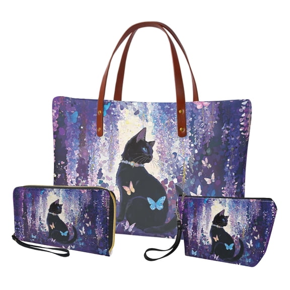 ZUXONGSY Black Cat Lavender Butterfly Print Tote Bag with Lightweight Cosmetic Bags Wallet for Women PU Leather Top Handle Satchel Set with Multifunctional Makeup Pouch Card Holder for Travel