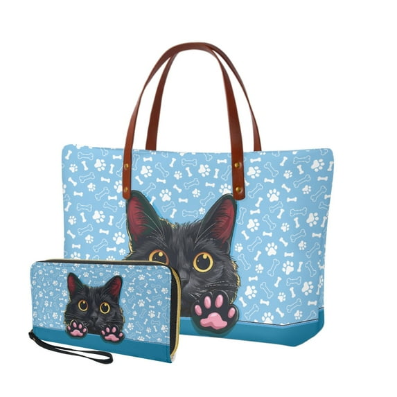 ZUXONGSY Black Cat Paw Print 2 Pieces Purses and Handbags Set for Women Portable Work Bag Satchel Handbags Large Capacity Shoulder Bag with Cash Wallet for Outings Travel Tours