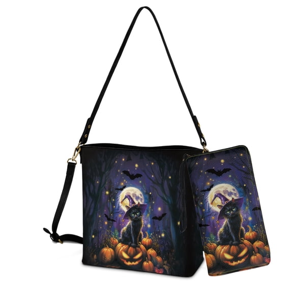 ZUXONGSY Black Cat Pumpkin Bat Print Crossbody Handbag with Leather Wallet for Women Lady Casual Shoulder Bag with Leather Wallet Trendy Top-Handle Handbags with Purse for Daily Use