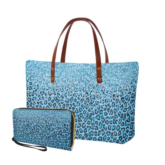 ZUXONGSY Blue Leopard Print Handbag with Matching Wallet for Women Fashion Top Handles Work Bag Shoulder Bag Satchel Handbags Portable Card Holder for Vacation Shopping