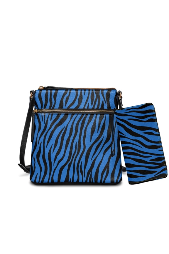 Blue Zebra Stripe Print Large Crossbody Bag and Wallet Set for Women, PU Leather Multi-Pocket Messenger Bag with Adjustable Strap