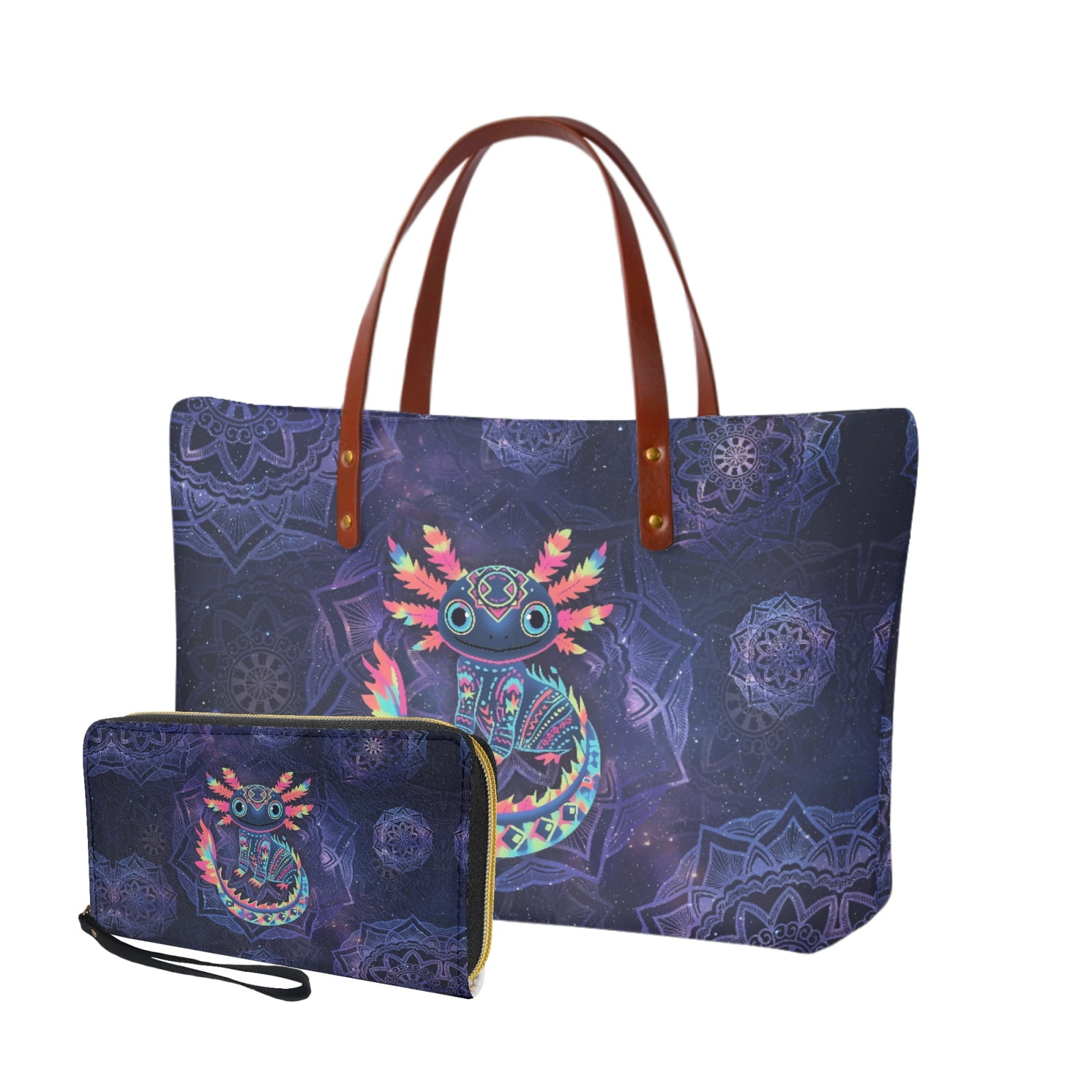 ZUXONGSY Boho Aztec Axolotl Mandala Galaxy Prints Top Handle Bag Purses Set of 2 for Women Practicality Handbags Top Handle Satchel Satchel Handbags with Matching Wallet for Shopping Tours