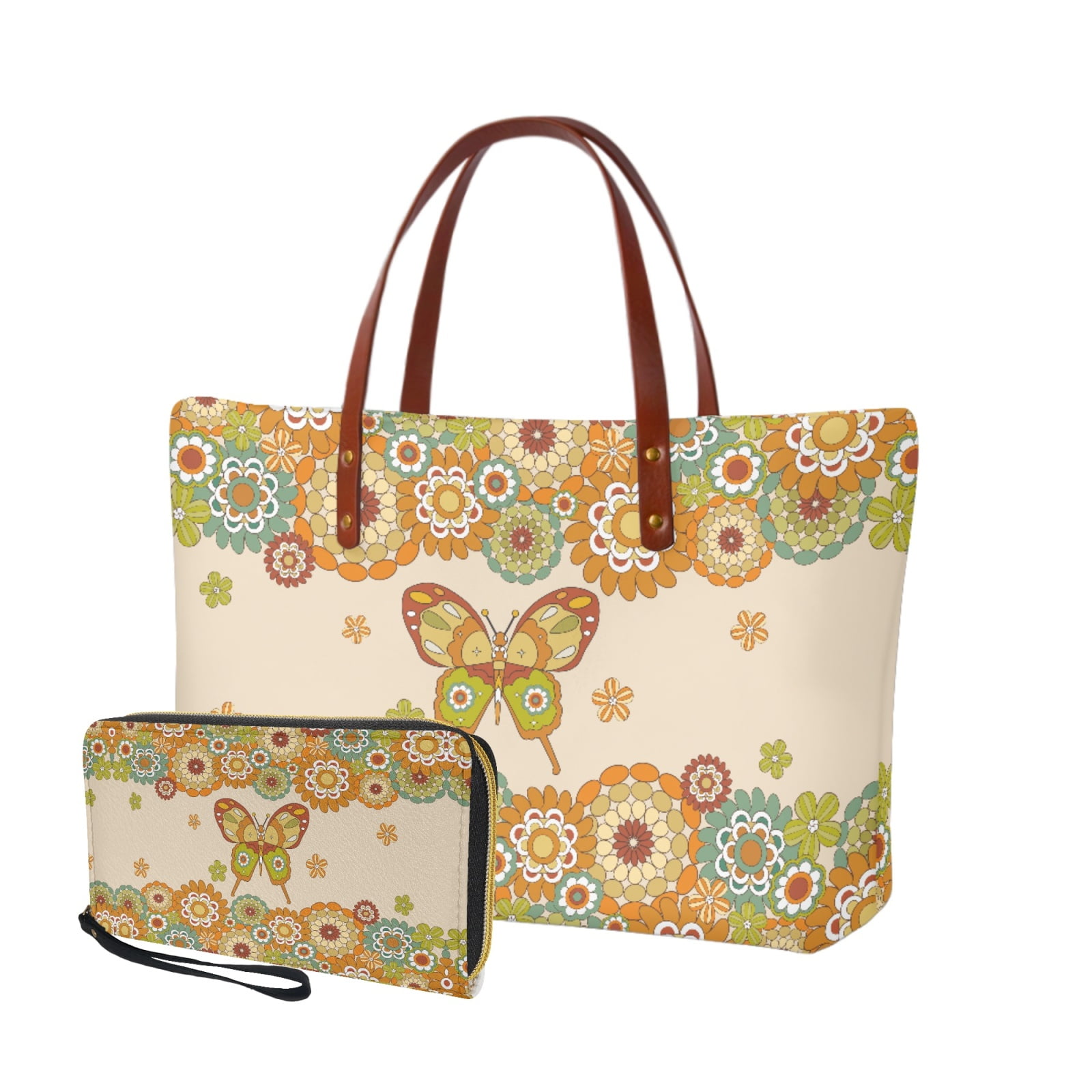 ZUXONGSY Boho Butterfly Mandala Print 2 PCS Handbags and Wallet Set Multifunctional Top Handle Satchel Shoulder Bag Work Bag with Matching PU Wallet for Outings Hiking
