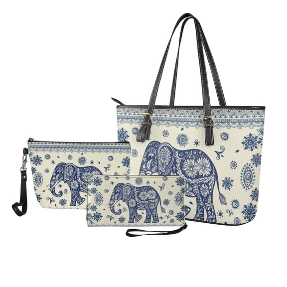 ZUXONGSY Boho Elephant Daisy Flower Print Top Handle Bag with Portable Cosmetic Bags Purse for Women PU Leather Top Handle Satchel Set with Waterproof Travel Toiletry Bag Cash Wallet for Daily Use