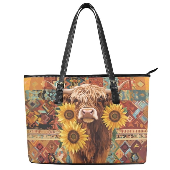 ZUXONGSY Boho Highland Cow Sunflower Print Handbag for Women Practicality Laptop Tote Bag PU Leather Satchel Handbags with Handle for Daily Use Work