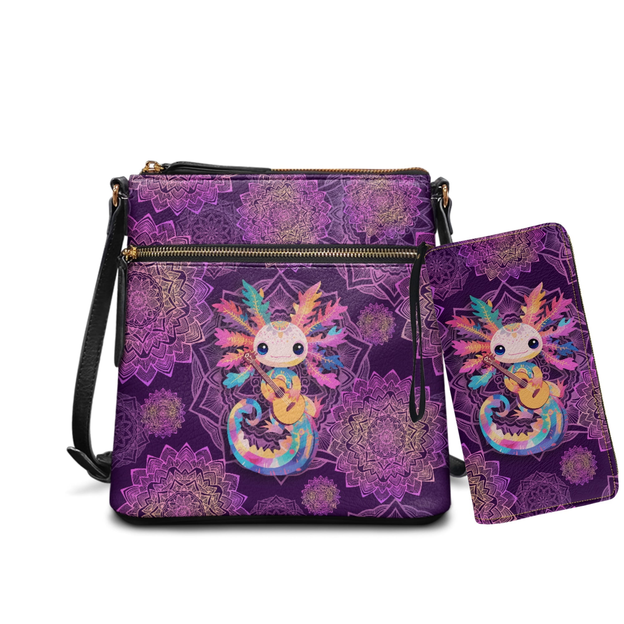 ZUXONGSY Boho Mandala Axolotl Guitar Print sPU Leather Crossbody Bag & Wallet Set for Women, Spacious Satchel Hobo Purse with Adjustable Strap for Travel, Work & Casual Outings