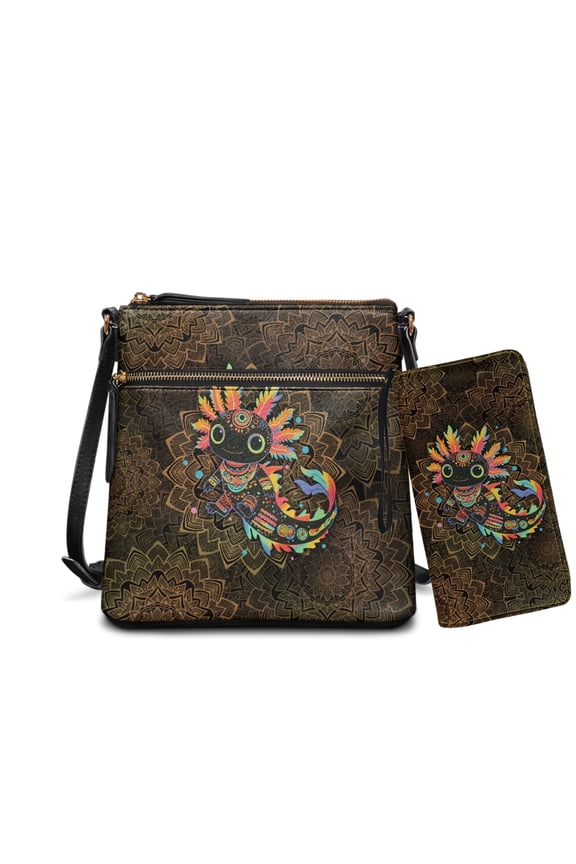 Boho Mandala Axolotl Print Women's PU Leather Hobo Bag & Matching Wallet Set, Multi-Pocket Crossbody Purse with Adjustable Strap for Travel & Work