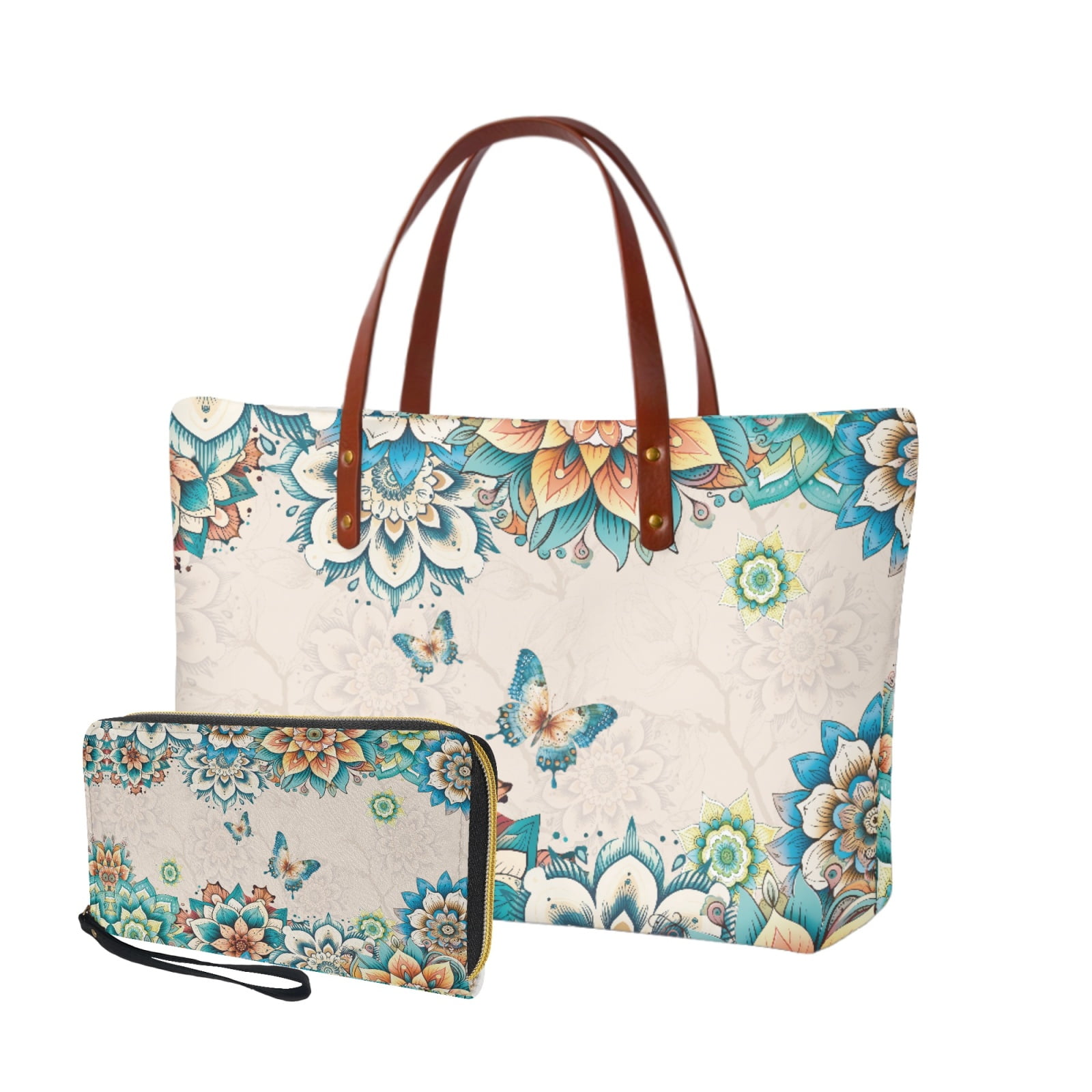 ZUXONGSY Boho Mandala Butterfly Print 2 Pack Purses and Handbag for Women Fashion Top Handle Bag Work Bag Shoulder Bag Multifunctional with Matching Wallet for Shopping Work