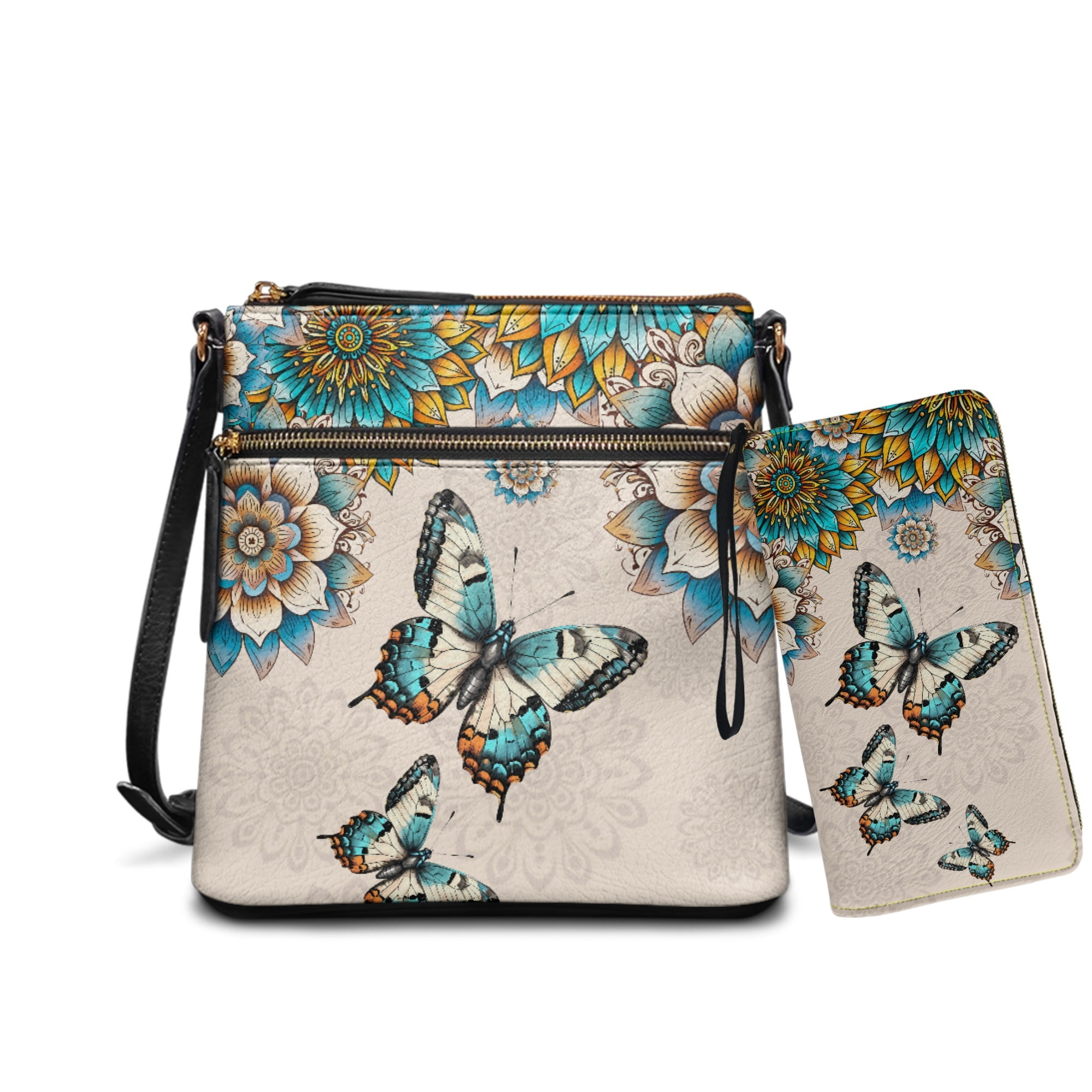 ZUXONGSY Boho Mandala Butterfly Print Ladies Crossbody Hobo Purse Combo - PU Leather Satchel with Lightweight Wallet, Waterproof Hobo Bag and Wallet Set for Shopping Work Business