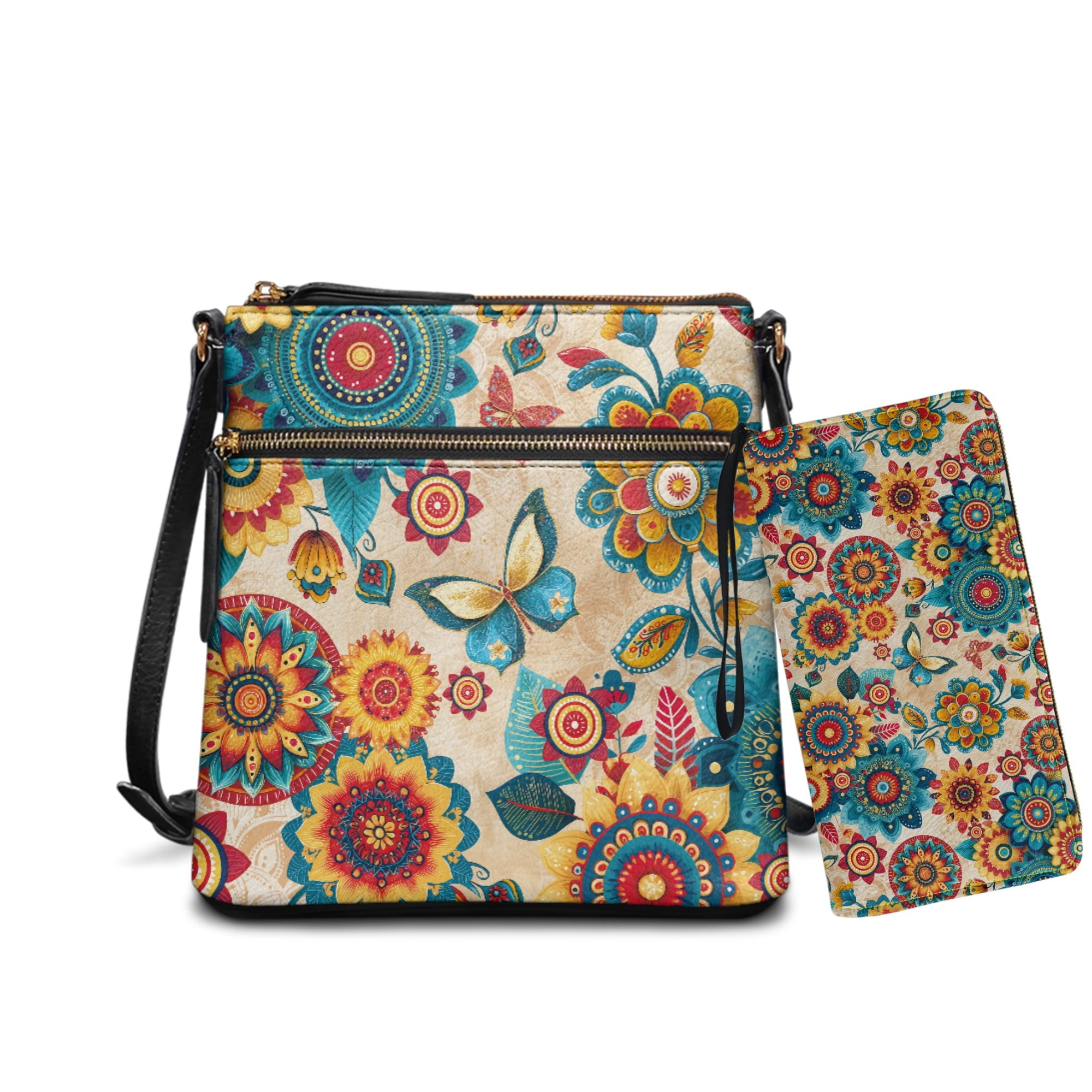ZUXONGSY Boho Mandala Butterfly Print Women Large Crossbody Bags Ladies Satchel Shoulder Handbags Purse and Wallet Set for Women Totes Hobo Purses for Dating Travel Party