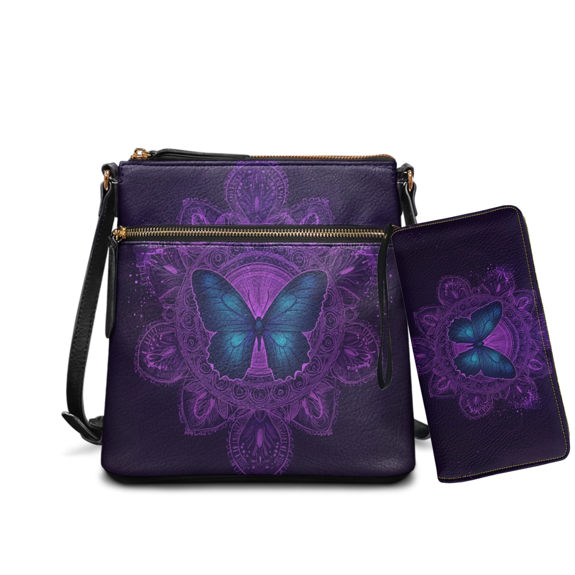 ZUXONGSY Boho Mandala Butterfly Print Women's PU Leather Crossbody Satchel & Wallet Set, Spacious Hobo Purse with Adjustable Strap for Work & Travel
