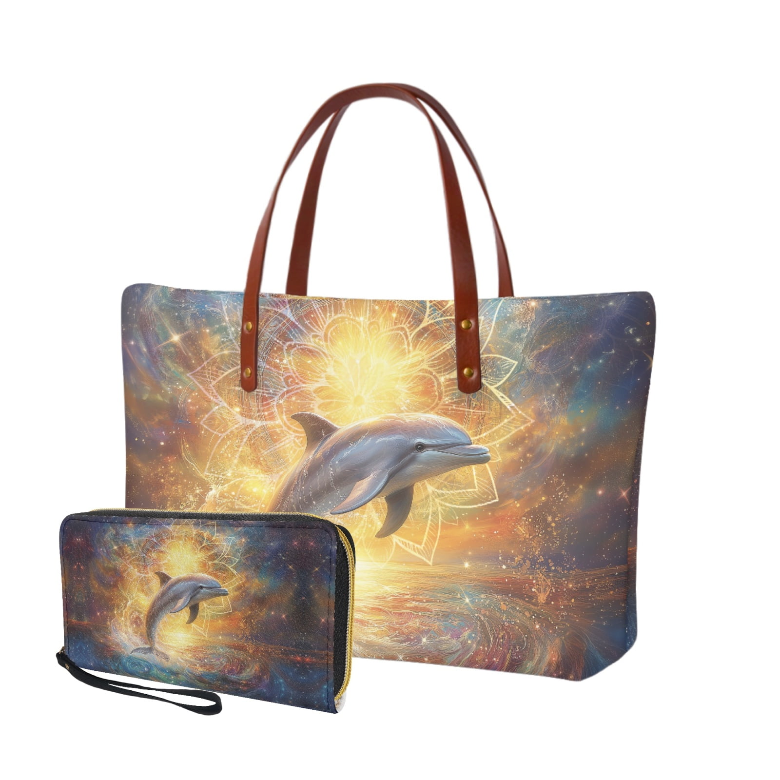 ZUXONGSY Boho Mandala Dolphin Print 2 Pieces Purses Top Handle Satchel for Women Large Top Handle Tote Bag Slim Wallet with Handle Portable Satchel Handbags Wallet for Shopping Outings