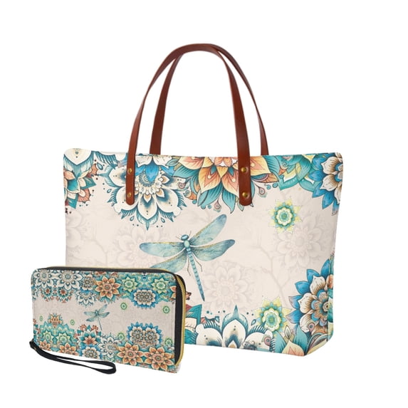 ZUXONGSY Boho Mandala Dragonfly Print 2 Pack Purse and Wallet Set for Women Fashion Handbags Top Handle Satchel with Matching Wallet Large Satchel Handbags for Shopping Work