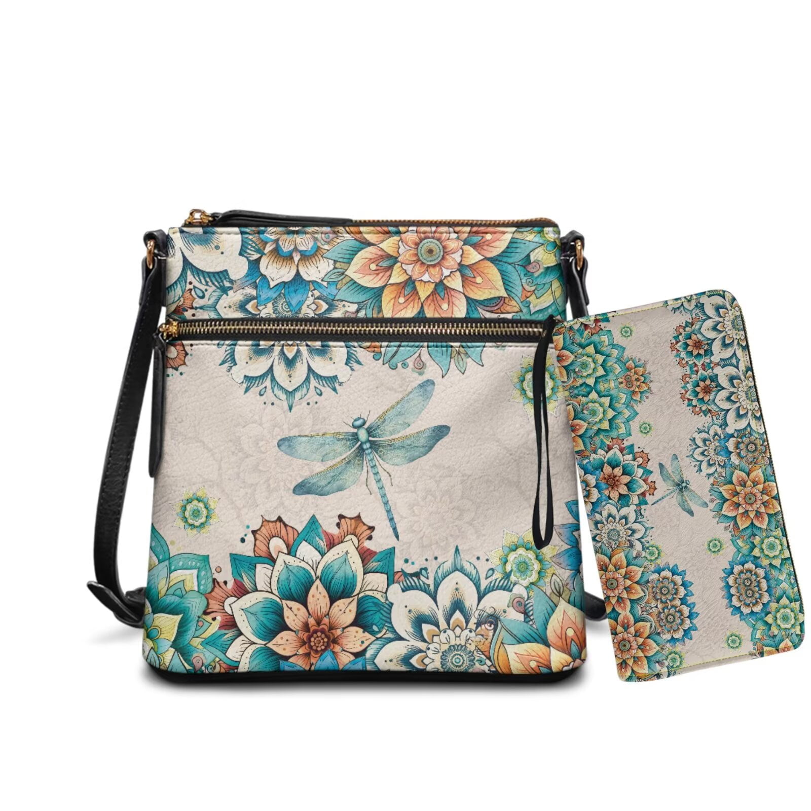 ZUXONGSY Boho Mandala Dragonfly Print Large Crossbody Bag and Wallet Set for Women, PU Leather Multi-Pocket Messenger Bag with Adjustable Strap