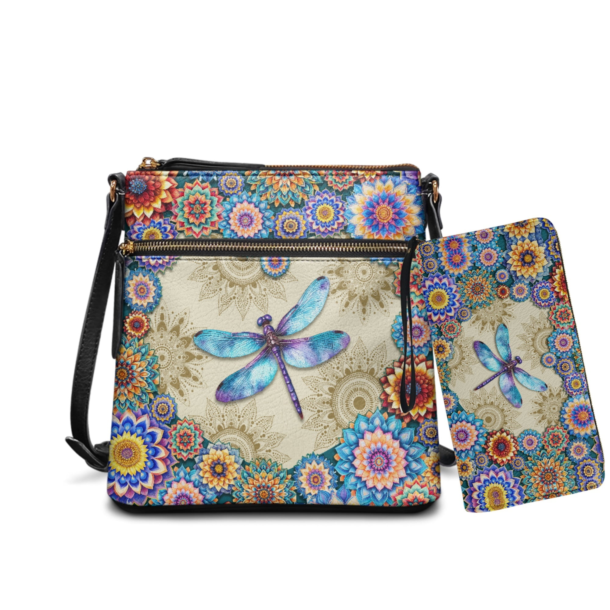 ZUXONGSY Boho Mandala Dragonfly Print PU Leather Crossbody Hobo Bag and Wallet Set for Women, Adjustable Strap, Perfect for Travel, Work & Shopping