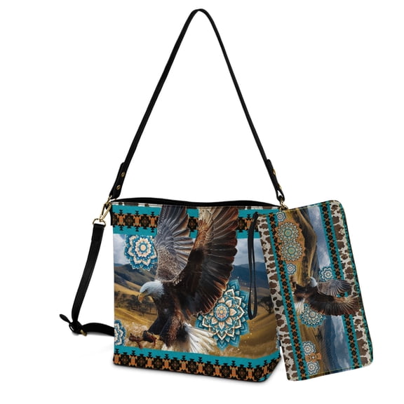 ZUXONGSY Boho Mandala Eagle Print Large Bucket Bag Purse and Wallet Set for Women, Waterproof Crossbody Handbag with Leather Wallet for Dating Business