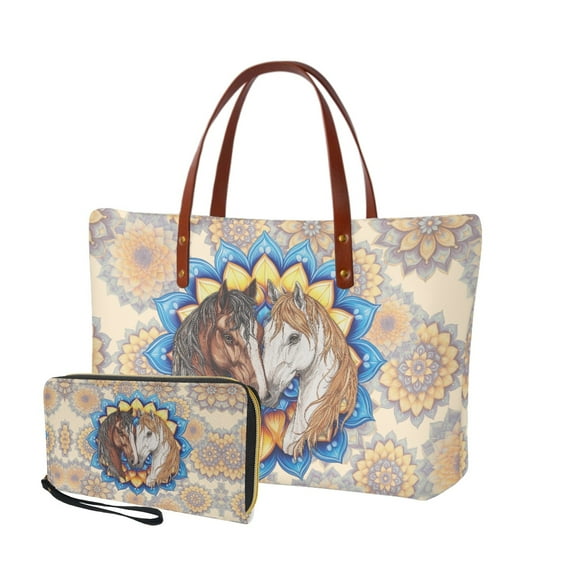 ZUXONGSY Boho Mandala Horse Print 2 Pieces PU Wallet Polyester Handbags Set Waterproof Shoulder Bag Top Handle Tote Bag Satchel Handbags Cash Wallet for Shopping Work