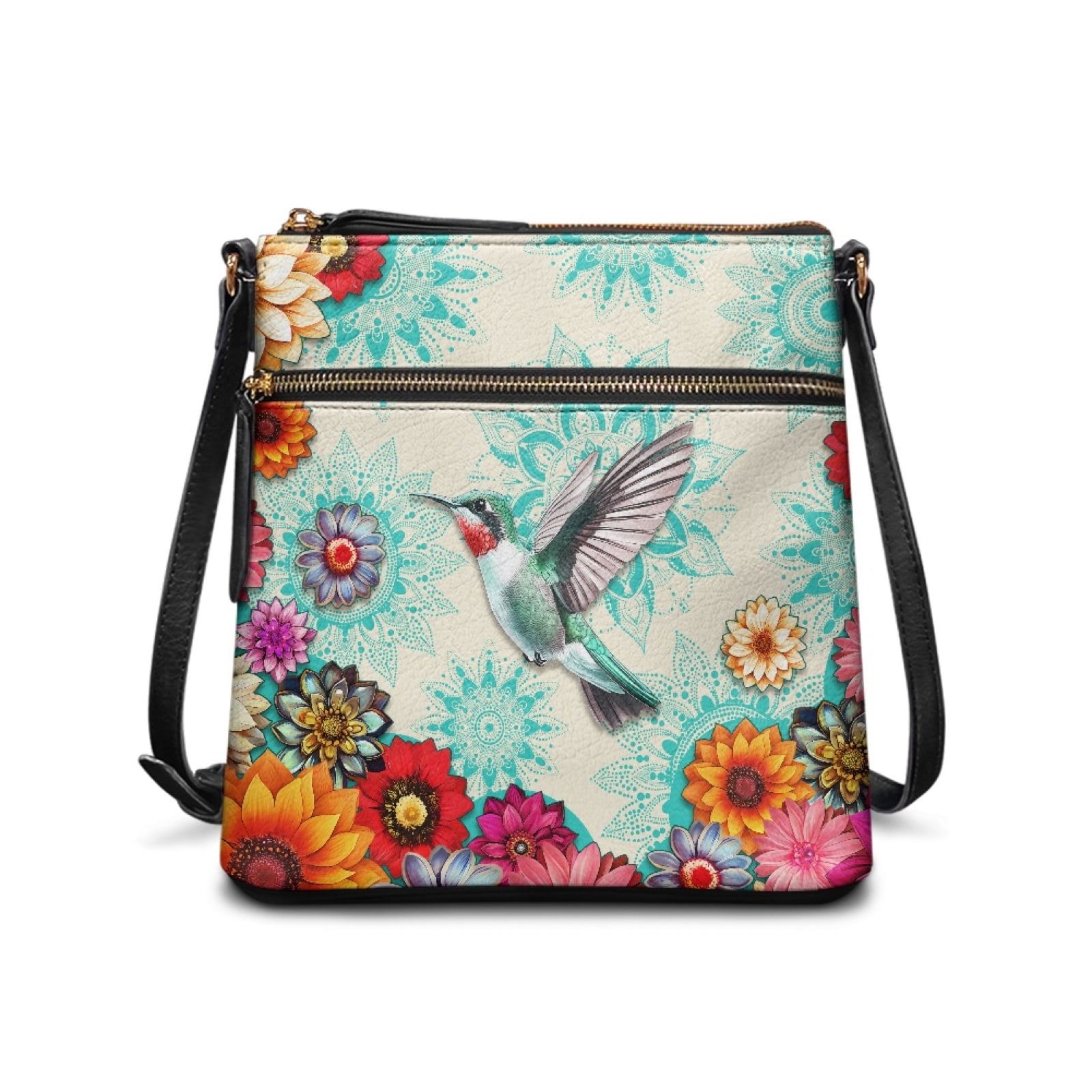 ZUXONGSY Boho Mandala Hummingbird Daisy Flower Print Shoulder Bag for Women PU Multiple Pockets Bag Satchel Casual Sling Hobo Bag Travel Purse with Adjustable Strap for Shopping Business