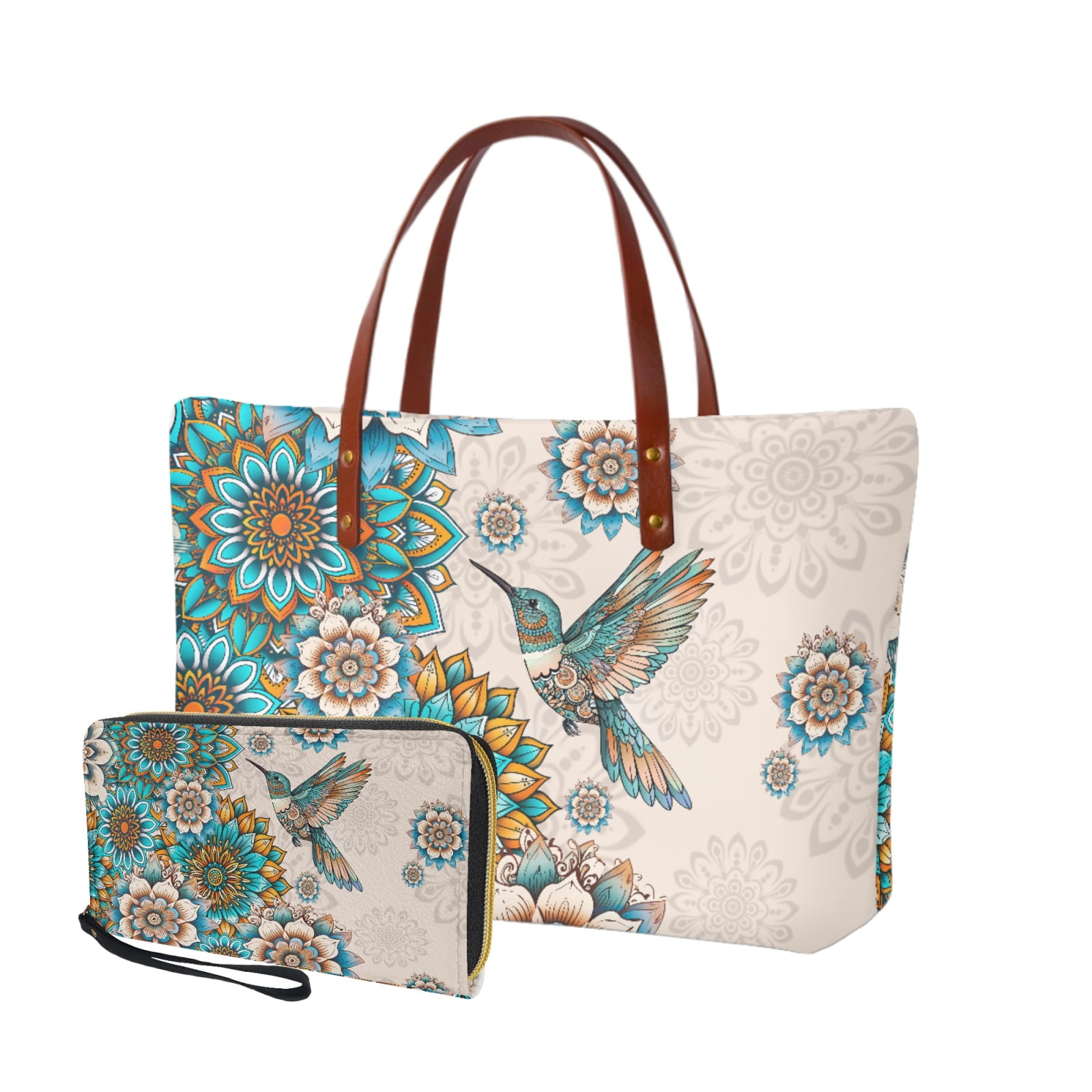 ZUXONGSY Boho Mandala Hummingbird Print 2 PCS Purse and Wallet Set for Women Large Capacity Top Handle Bag Shoulder Bag Work Bag Portable Money Organizers for Excursions Shopping
