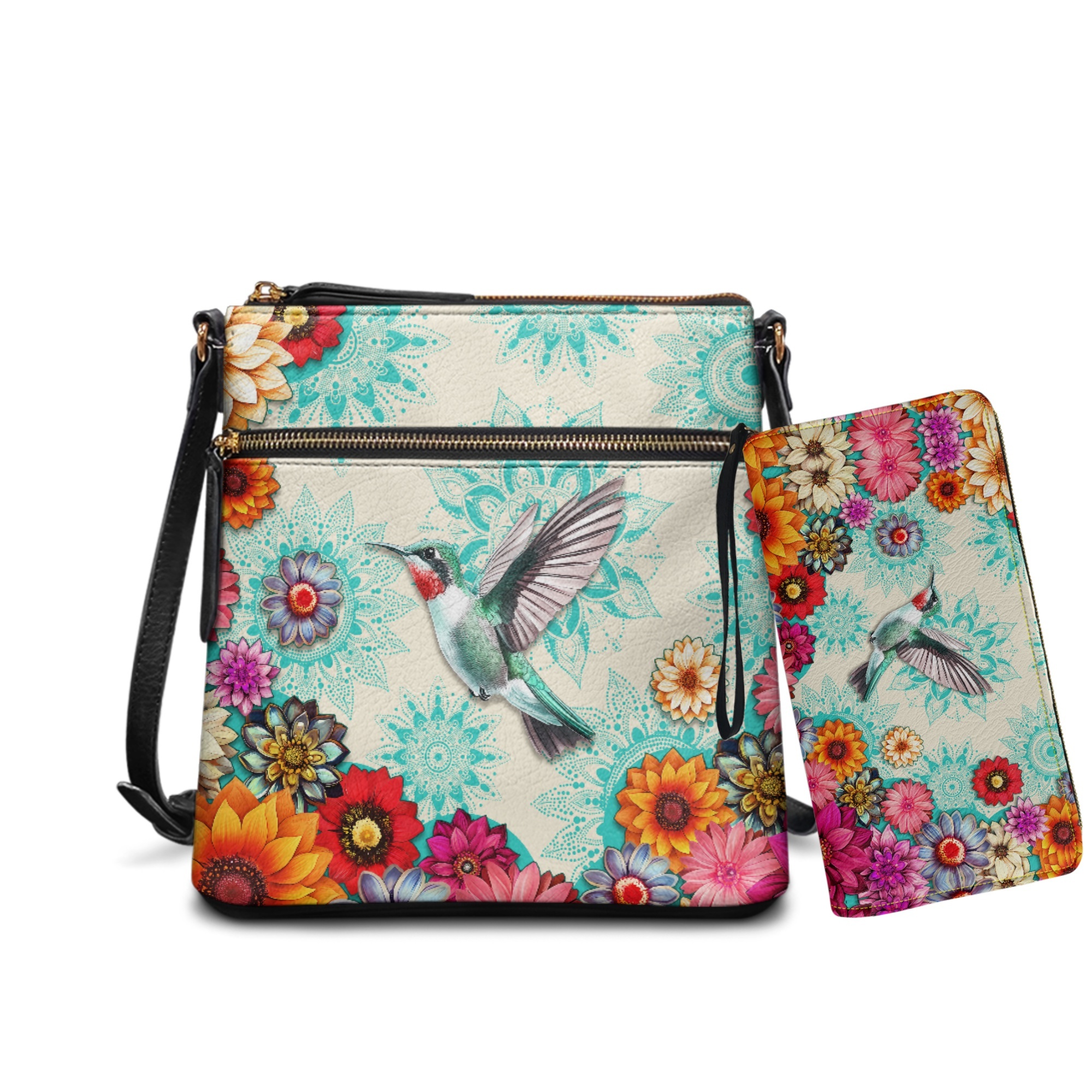 ZUXONGSY Boho Mandala Hummingbird Print Women's Multi-Pocket PU Leather Crossbody Hobo Purse & Wallet Set, Adjustable Strap, Ideal for Travel & Casual Outings