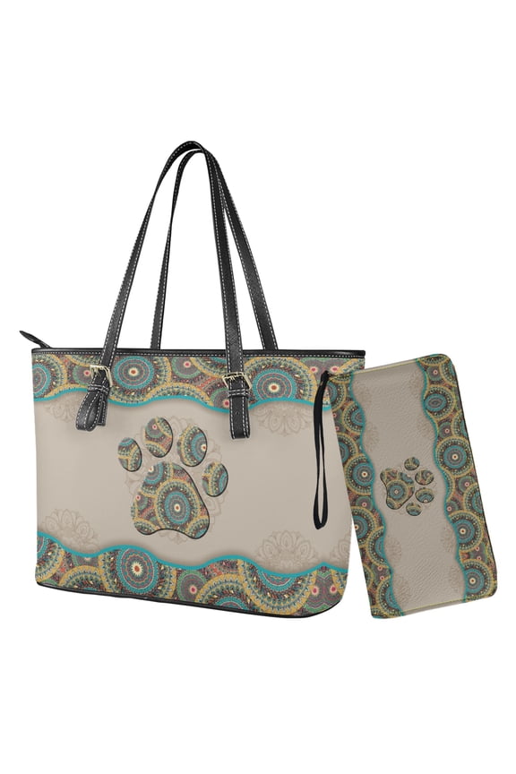 Boho Mandala Paw Print Handbag and Wallet Sets for Women Top Handle Totes with Matching Wallet Leather Shoulder Handbag Clutch Purse for Women Ladies