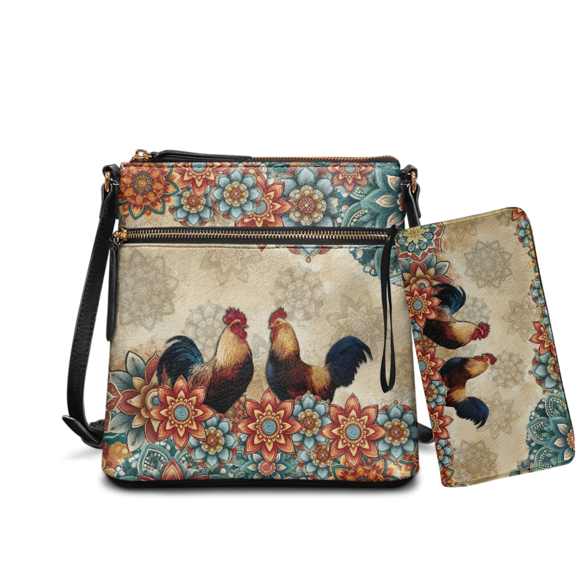 ZUXONGSY Boho Mandala Rooster Print Crossbody Bags Ladies Shoulder Handbags Purse and Wallet Set Leather Hobo Bag with Wallet Multi Pockets Satchel Purse with Adjustable Strap