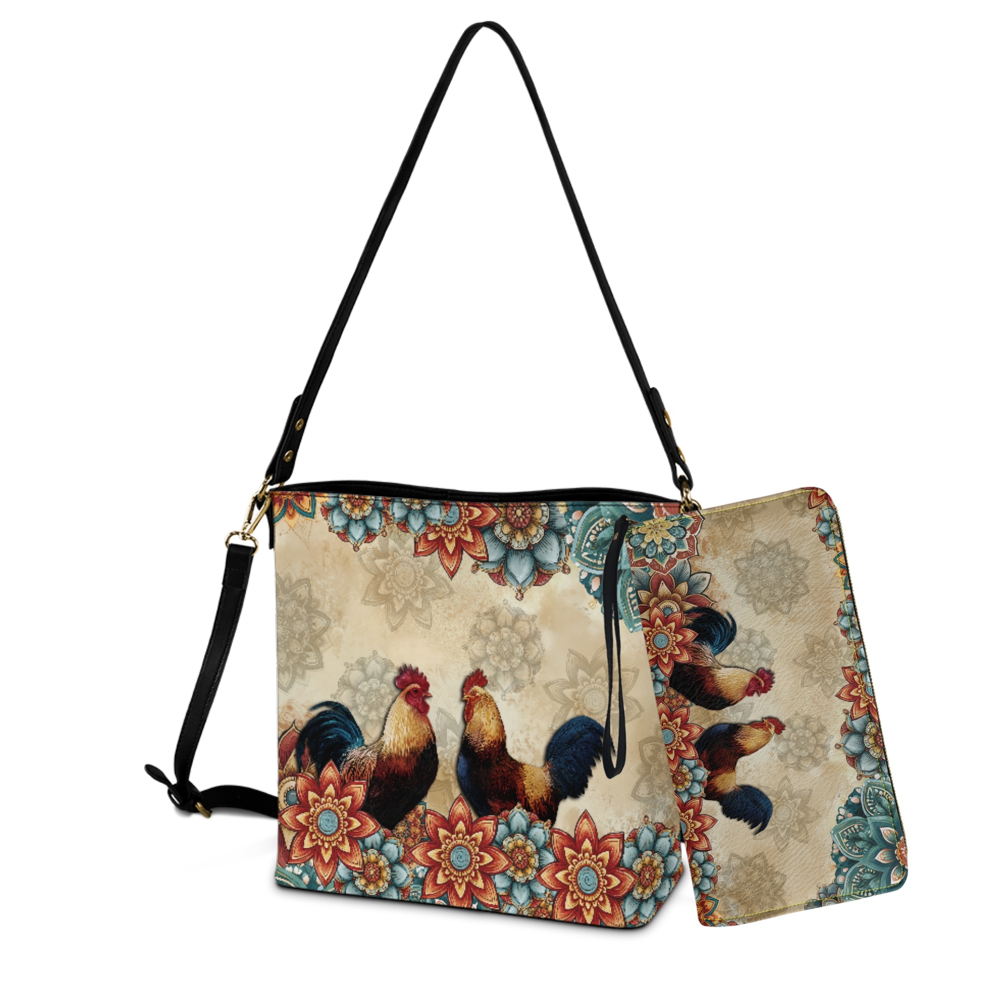 ZUXONGSY Boho Mandala Rooster Print Crossbody Handbag with Leather Wallet for Women Casual Leather Crossbody Handbag with Wrist Wallet Trendy 2 Pcs Bucket Purse Set for Workout