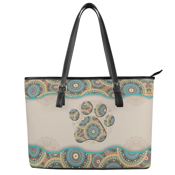 ZUXONGSY Bohon Mandala Paw Print Tote Bag for Women PU Leather Top Handle Satchel Portable Satchel Handbags with Zippered for Business Shopping
