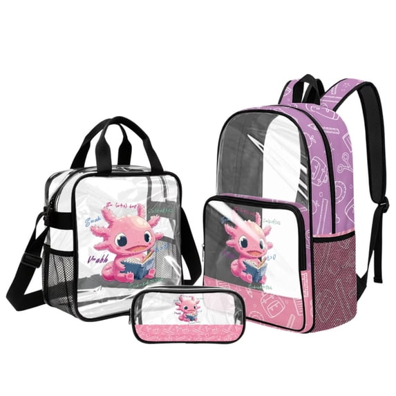 ZUXONGSY Book Axolotl Print Clear Backpack Set 3 Pcs, Heavy Duty Transparent See Through Backpack with Lunch Bag & Pencil Pouch Stadium Approved for Back to School