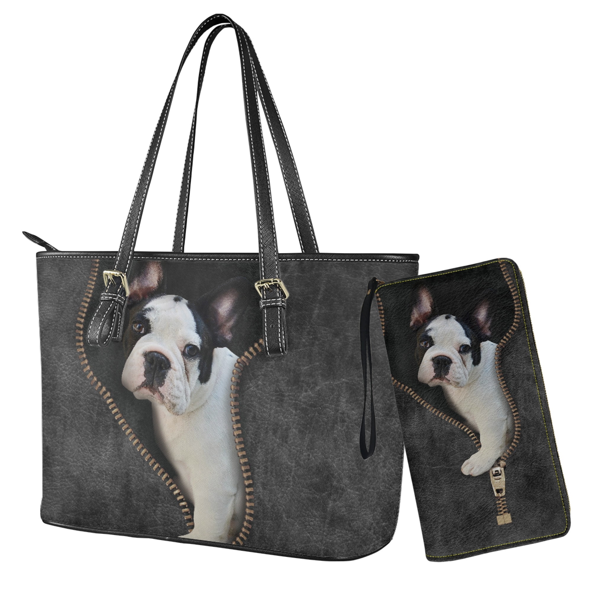 ZUXONGSY Bulldog Print Women's Leather Tote Bag and Wallet Set Lightweight Top Handle Satchel Purse with Matching Clutch for Shopping Work