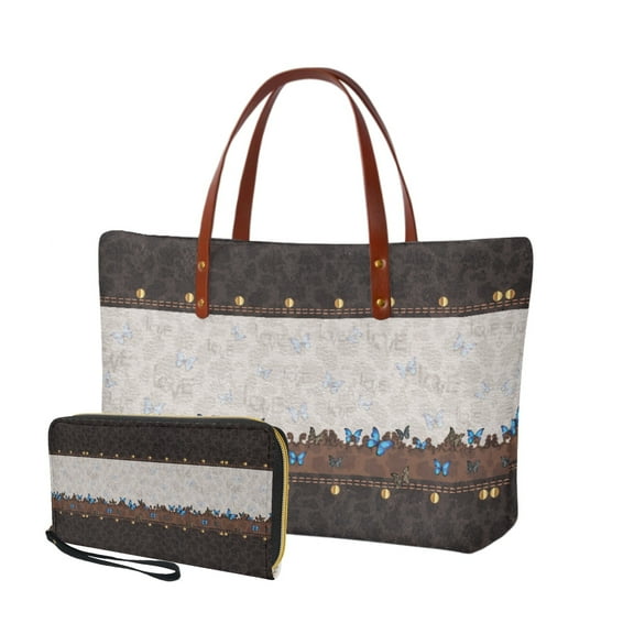 ZUXONGSY Butterfly Cow Leather Print Handbag with Matching Wallet Set of 2 for Women Fashion Top Handle Satchel Work Bag with Slim Billfold Tote Bag for Shopping Excursions