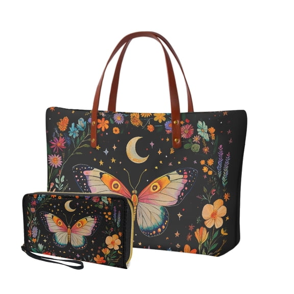 ZUXONGSY Butterfly Daisy Floral Moon Print Purse and Wallet Set of 2 for Ladies Girls Waterproof Top Handle Satchel Work Bag Shoulder Bag PU Wallet with Handle for Excursions Vacation