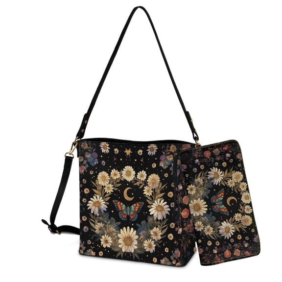 ZUXONGSY Butterfly Daisy Flower Moon Print Bucket Purse and Wallet Set for Women Lady Large Bucket Bag Tote Purse Set Multipurpose 2 Pcs Bucket Purse Set for Business