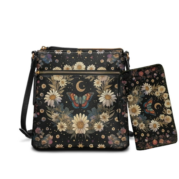 ZUXONGSY Butterfly Daisy Flower Moon Print PU Leather Hobo Bag and Matching Wallet Set for Women, Stylish Crossbody Purse with Adjustable Strap, Ideal for Travel & Casual Use
