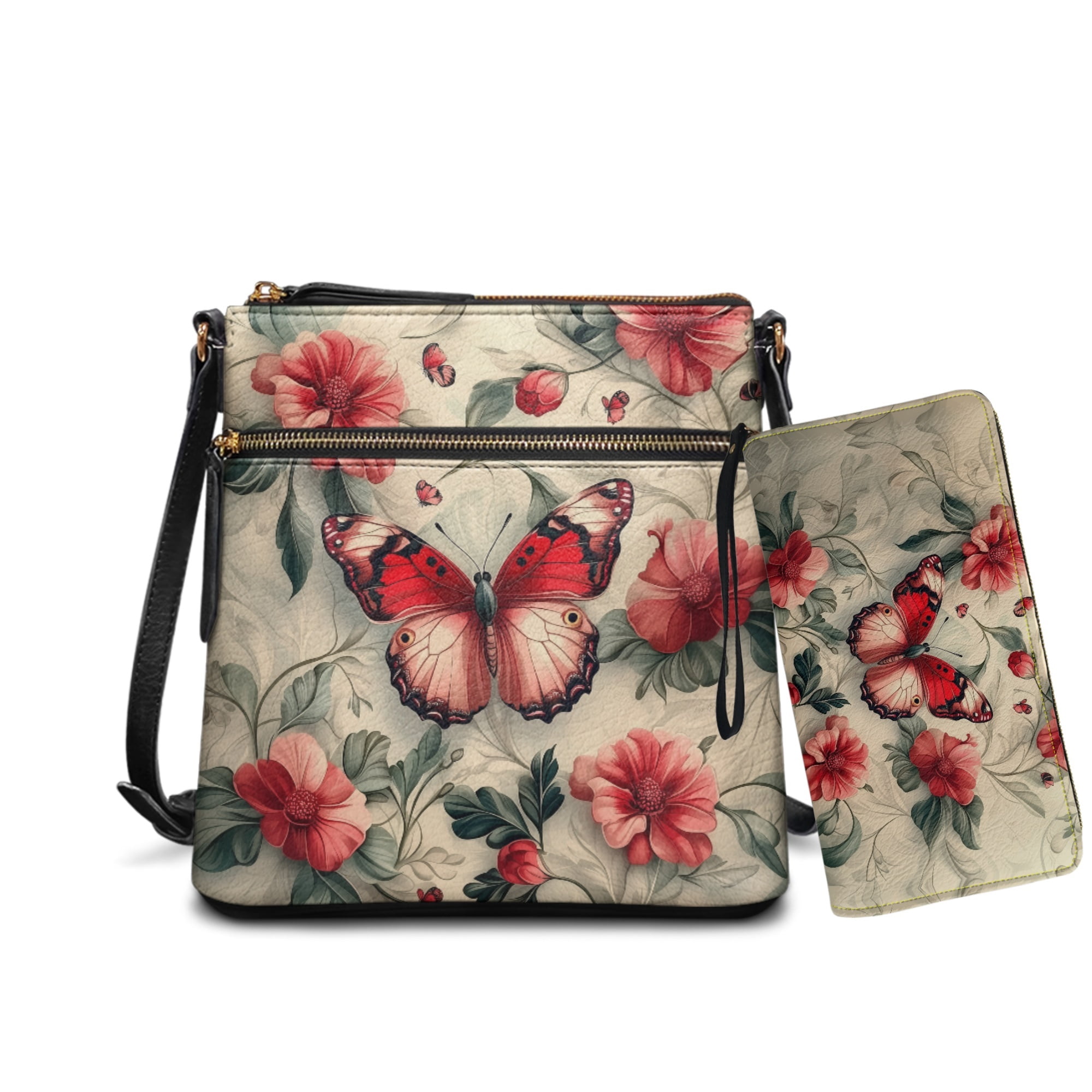 ZUXONGSY Butterfly Daisy Flower Print PU Leather Hobo Bag and Matching Wallet Set for Women, Stylish Crossbody Purse with Adjustable Strap, Ideal for Travel & Casual Use