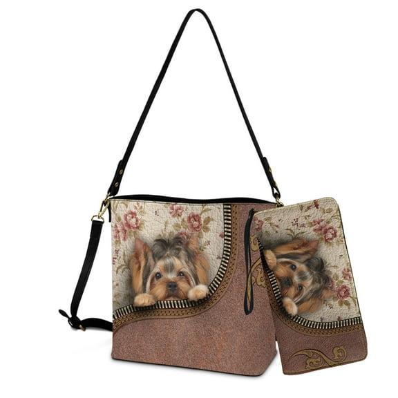 ZUXONGSY Butterfly Dog Print Trendy Leather Crossbody Handbag with Wrist Wallet for Women, Lightweight Bucket Bag Purse and Wallet Set for Daily Use Travel