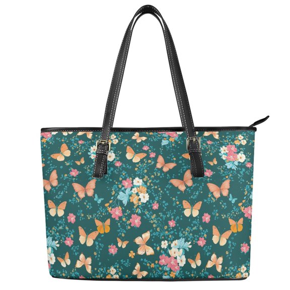 ZUXONGSY Butterfly Flower Print Handbag for Women PU Leather Top Handle Tote Bag Casual Work Bag with Zippered for Travel Shopping