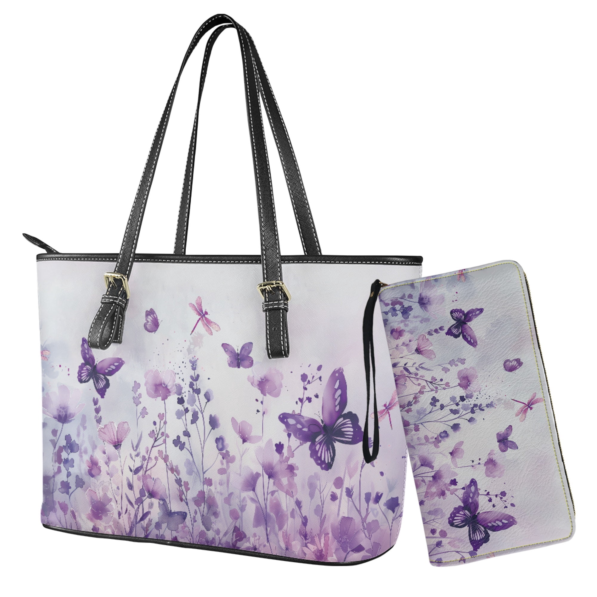 ZUXONGSY Butterfly Flower Print Leather Satchel Bag for Women with Matching Wallet Set Waterproof Office Tote Purse and Wallet Set for Shopping Work