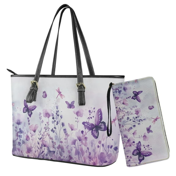 ZUXONGSY Butterfly Flower Print Leather Satchel Bag for Women with Matching Wallet Set Waterproof Office Tote Purse and Wallet Set for Shopping Work