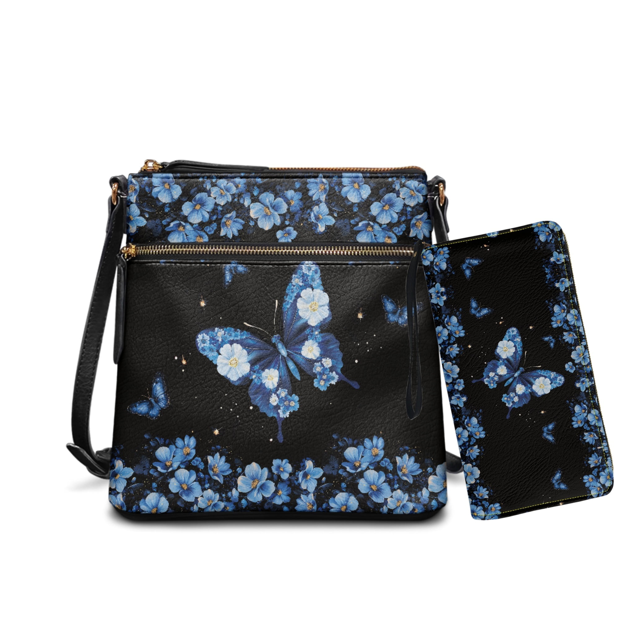 ZUXONGSY Butterfly Flower Print Women's Crossbody Hobo Purse & Wallet Set, PU Leather Satchel Bag with Multi-Pocket Design & Adjustable Strap for Travel & Work