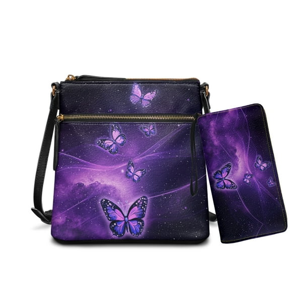 ZUXONGSY Butterfly Galaxy Print Leather Crossbody Handbag & Wallet Set for Women, Spacious Multi-Pocket Satchel with Adjustable Strap for Travel & Work