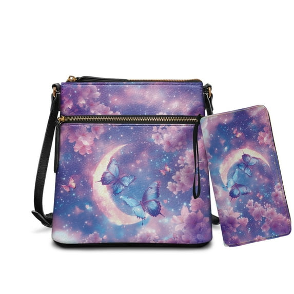 ZUXONGSY Butterfly Moon Cherry Blossom Galaxy Print PU Leather Crossbody Bag & Wallet Set for Women, Multi-Pocket Satchel with Adjustable Strap for Travel, Shopping & Work