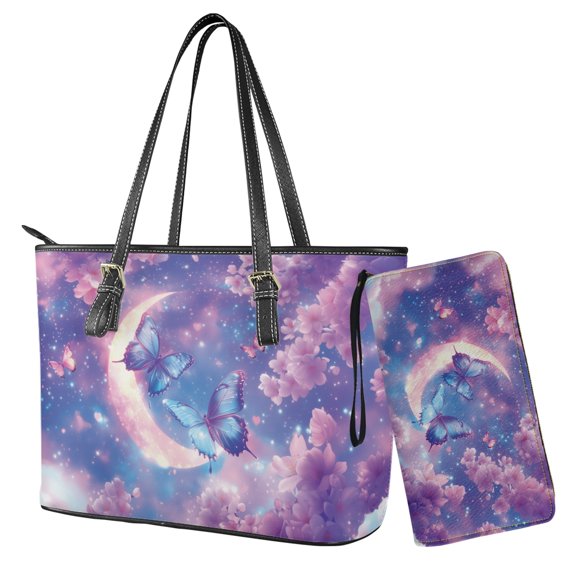 ZUXONGSY Butterfly Moon Cherry Blossom Print Wallet and Purse Set Floral Print Top Handle Handbag with Wristlet Wallet Set Waterproof Tote Bag Hobo Handbag for Women
