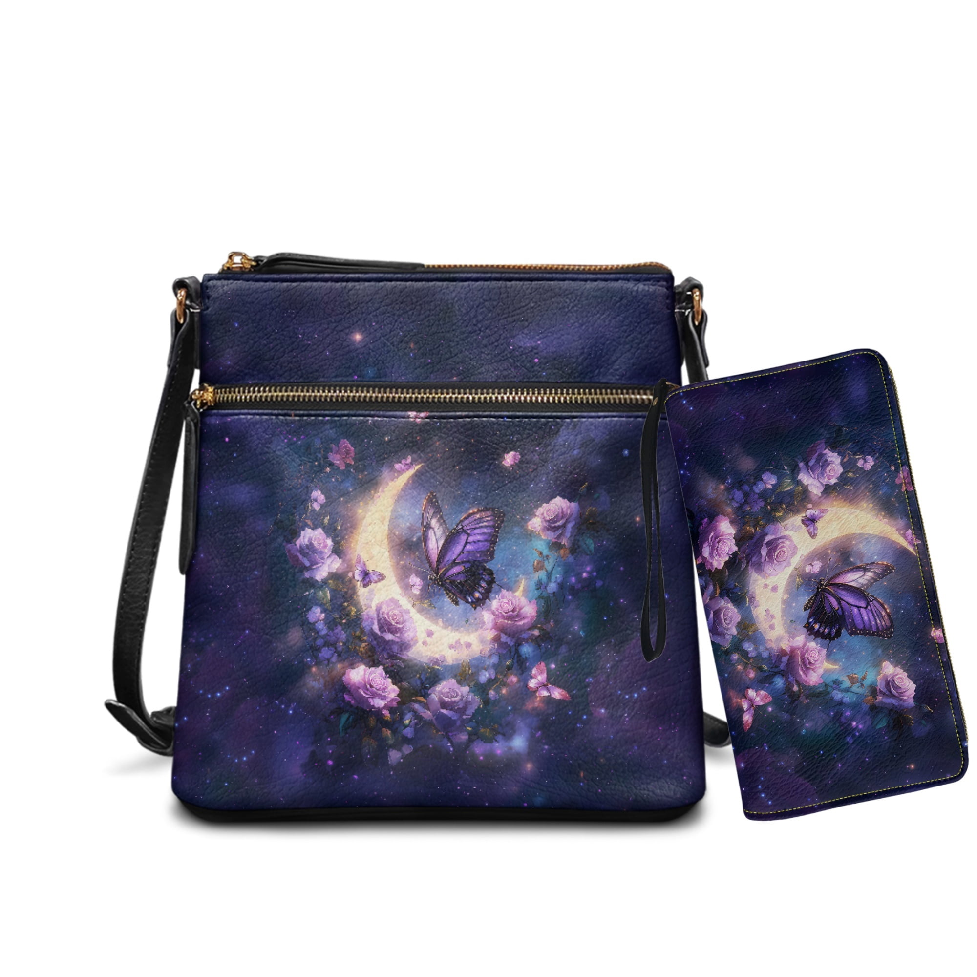 ZUXONGSY Butterfly Moon Rose Galaxy Print Stylish Crossbody Hobo Purse & Wallet Set for Women, PU Leather Satchel with Adjustable Strap for Travel & Daily Use