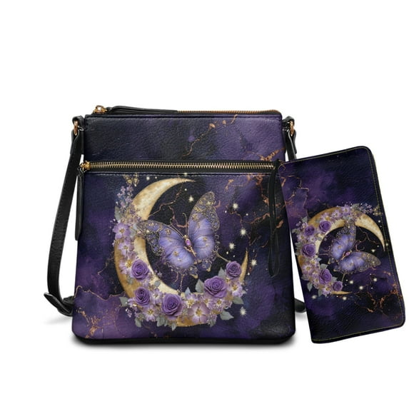 ZUXONGSY Butterfly Moon Rose Marble Print Hobo Bag and Wallet Set for Women Lady, Leather Crossbody Satchel Purse and Wallet Set Multi Pocket Shoulder Messenger Purse with Adjustable Strap