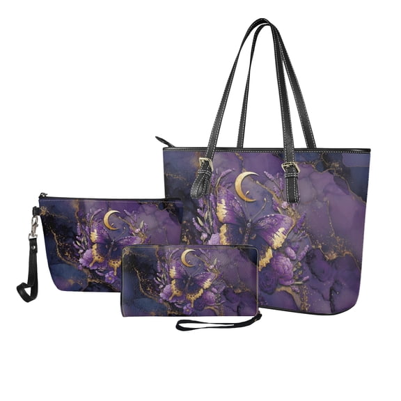 ZUXONGSY Butterfly Peony Moon Marble Print Top Handle Bag with Casual Makeup Bag Purse for Women PU Leather Top Handle Satchel Set with Practicality Makeup Pouch Slim Wallet for Shopping Work