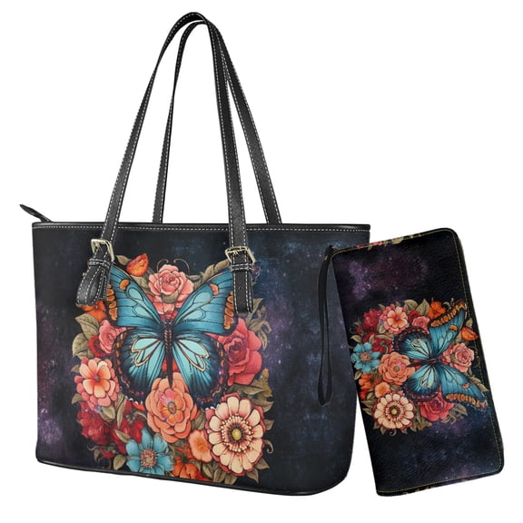 ZUXONGSY Butterfly Rose Galaxy Print Handbag and Wallet Set Women Tote Bag Handbags PU Leather Hobo Shoulder Bags 2 Pcs with Coin Purses Waterproof Top Handle Handbag Set