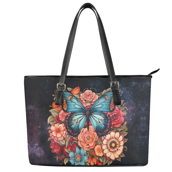 ZUXONGSY Butterfly Rose Galaxy Print Handbag for Women Practicality Laptop Tote Bag PU Leather Satchel Handbags with Handle for Daily Use Work